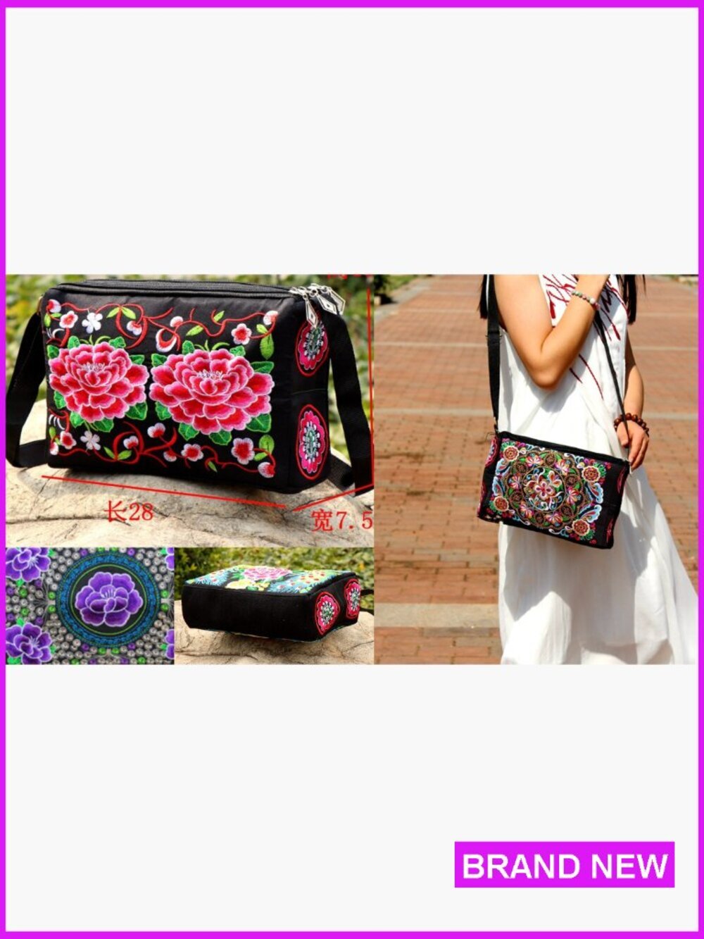 Vintage Embroidered Hobo Crossbody Bag Boho Hippie Tote Handbag Shoulder Purse - Picture 7 of 7